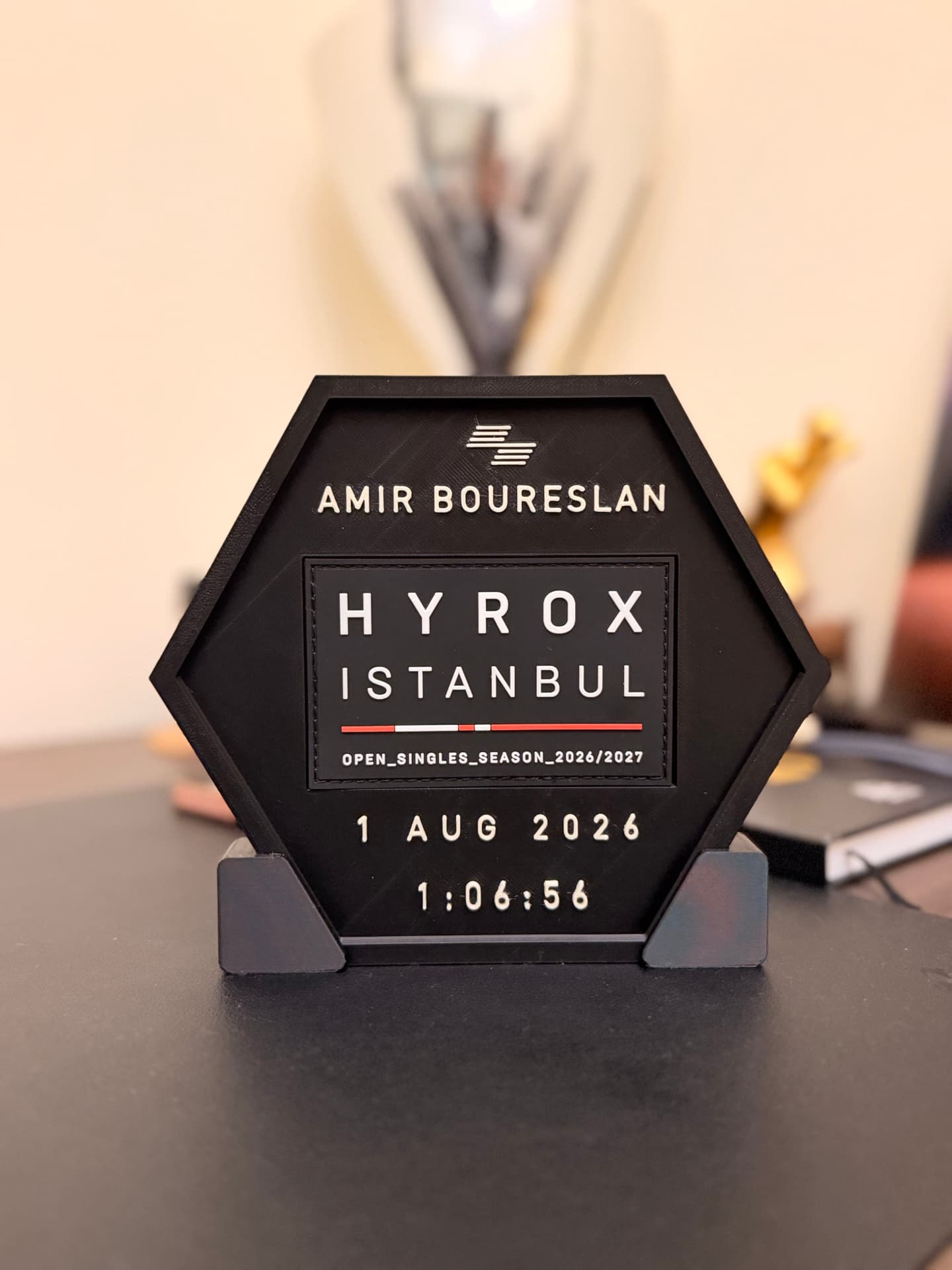 HYROX HEX DISPLAY WITH STAND — 3D-printed Hyrox hex race display, handmade in Dubai