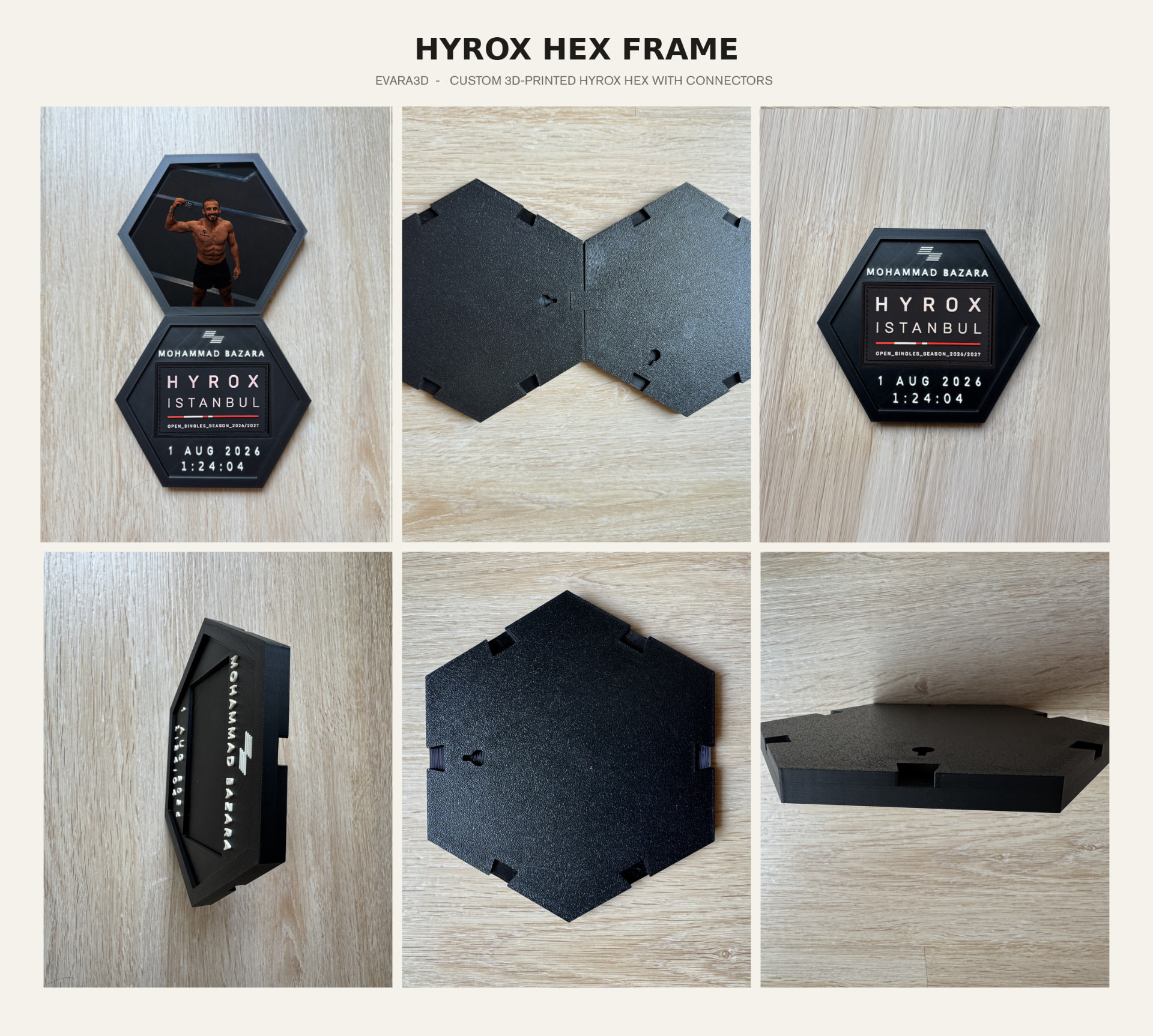 2PC HYROX HEX PATCH DISPLAY & PHOTO WITH CONNECTORS — 3D-printed Hyrox hex race display, handmade in Dubai